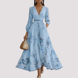 Leah - Florales Langärmeliges Midikleid – Blau