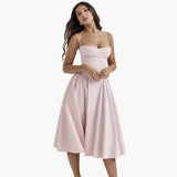 Midikleid Damen – Retro Corsagenkleid mit Trägern Sommer – Rosa
