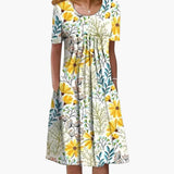 Blumen Kleid - Für Damen mit Taschen & Entspannter Passform – Gelb