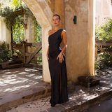 Damen Ein Schulter Lange Maxi Satin Kleid – Schwarz