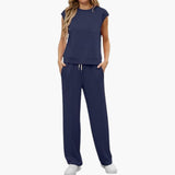 Zweiteiliges Sommer Set für Damen mit Kappärmeln und Taschen – Marineblau