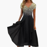 Midikleid für Damen - Elegant mit Pailletten & Chiffonrock – Gold Schwarz