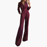 Damen-Jumpsuit mit langen Ärmeln, V-Ausschnitt und voller Länge – Rot