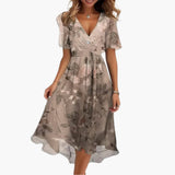 Midikleid für Damen - Elegant, Blumenmuster & V-Ausschnitt – Beige