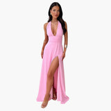 Maxikleid mit Schlitz - elegantes Damen Abendkleid Neckholder – Rosa