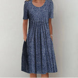 Grace | Effortless Floral Pocket Midi Dress – Blau mit Punkten