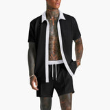 Herren Sommer Set mit Kurzarmhemd und Kordelzug Shorts – Schwarz