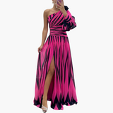 Gestreiftes One-Shoulder - Damen Maxikleid mit Schlitz elegant – Rosenrot