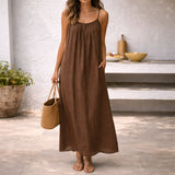 Tamara | Spaghettiträger Maxi Sommerkleid – Braun