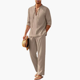 Boho Two-Piece Set for Men - Summer Lace-Up Shirt & Pants – Beige