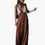 Leichtes V-Ausschnitt Maxi-Kleid für Frauen - Farbblock Design – Braun