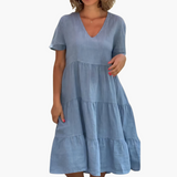 Fließendes V-Ausschnitt-Kleid für Damen - entspannte Passform – Blau