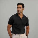 Herren Texturierte Offener Kragen Poloshirt – Schwarz