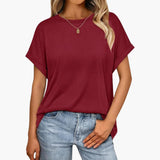 Damen Oversize T-Shirt mit Rundhals und Umschlagärmeln – Weinrot