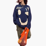Strickpullover für Damen - mit Oversize-Passform und Smiley-Motiv – Marineblau
