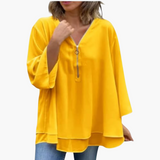 Halb-Zip Langarmshirt - Damen V-Ausschnitt Oberteil Casual – Gelb
