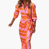 Gestreiftes Hemdblusenkleid – Damen Maxikleid aus Baumwolle – Orange Und Pink