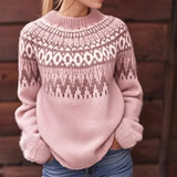 Norweger Grobstrickpullover Damen | Winterpullover Mit Rundhalsausschnitt – Hellrosa