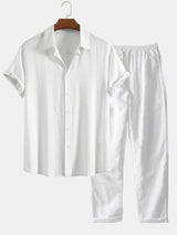 Button-Up Hemd und gerade geschnittene Hose aus Leinen-Rayon-Mischung – Weiß