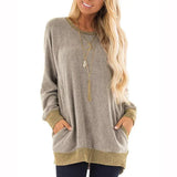 Lässiges Damen-t-shirt mit langen armeln, rundhalsausschnitt und 2 taschen – Khaki