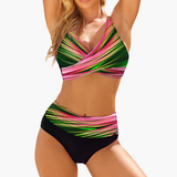Wickel-Bikini-Set mit Muster - Damen Zweiteiler für den Sommer – Grün/Rosa