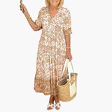 Boho Kleid Damen - Geblümtes Kleid mit V-Ausschnitt Sommer – Beige