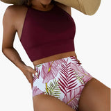 Blumenmuster High-Waist Bikini - Damen Zweiteiler für den Sommer – Rot