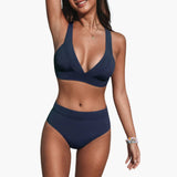 Bikini-Set mit hoher Taille - Damen V-Ausschnitt Design – Marineblau