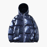 Metallic Winter Pufferjacke für Herren – Blau mit Kapuze