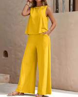 Damen Ärmelloses Freizeit Zweiteiler Set | Weite Hose – Gelb