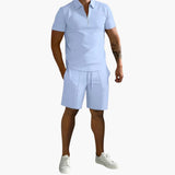 Herren Sommer-Zweiteiler mit Half-Zip-Shirt und Shorts – Hellblau