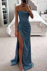 Damenkleid mit Satinschimmer, Drapierung & Schlitz – eleganter Abend-Look für Party – Blau