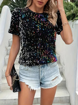Deborah | T-Shirt mit Rundhalsausschnitt und Paillettendekor – Schwarz
