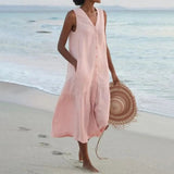 Stylisches Leinenkleid mit V-Ausschnitt – Elara – Rosa