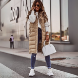 Weste Damen Lang Mit Kapuze | Winter Steppdesign – Khaki