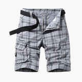 Herren Cargo Shorts mit Karomuster und Stoffgürtel – Grau