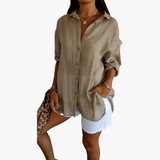 Locker geschnittene lange Bluse für Frauen - Knopfverschluss – Beige