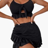 Bikini-Set Damen - 3-teilig mit Rüschen & High-Waist Design – Schwarz
