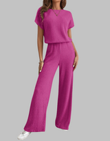 Paula | Damen Rippstrick-Set Kurzarm Top Weite Hose Casual – Rosarot