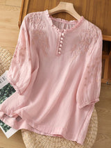 Kissina – Bestickte Bluse Aus Baumwollleinen – Rosa