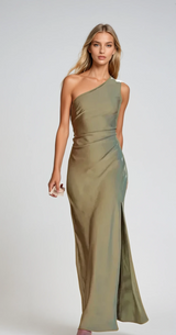Damen Ein Schulter Maxi Lange Hochzeitsgast Kleid – Olivgrün
