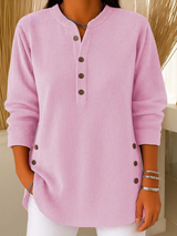 Eshani - Lässiges Geripptes Langarm Henley Oberteil Mit Knopfleiste – Rosa