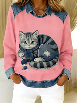 Eponin – Retro Katzen Jeansstoff Flickwerk Sweatshirt – Rosa