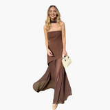 Schulterfreies Abendkleid für Damen - Maxi mit hohem Schlitz – Braun