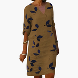 Sommerkleid für Damen - Blättermuster, locker & V-Ausschnitt – Braun