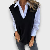 Lamielle – Strick-Weste mit V-Ausschnitt in Camel – Schwarz