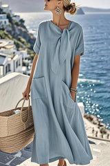 Anette - Kurzarm Rundhals mit Bindeband – Blau