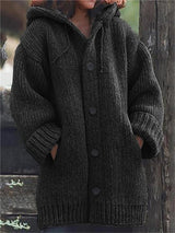 Lange Damen-Strickjacke mit Kapuze | Warme – Schwarz