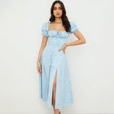 Lucia - Geblümtes Midikleid mit Puffärmeln – Hellblau