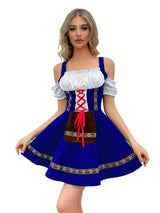 Damen Schulterfrei Blau Oktoberfest Dirndl Kleid – Blau